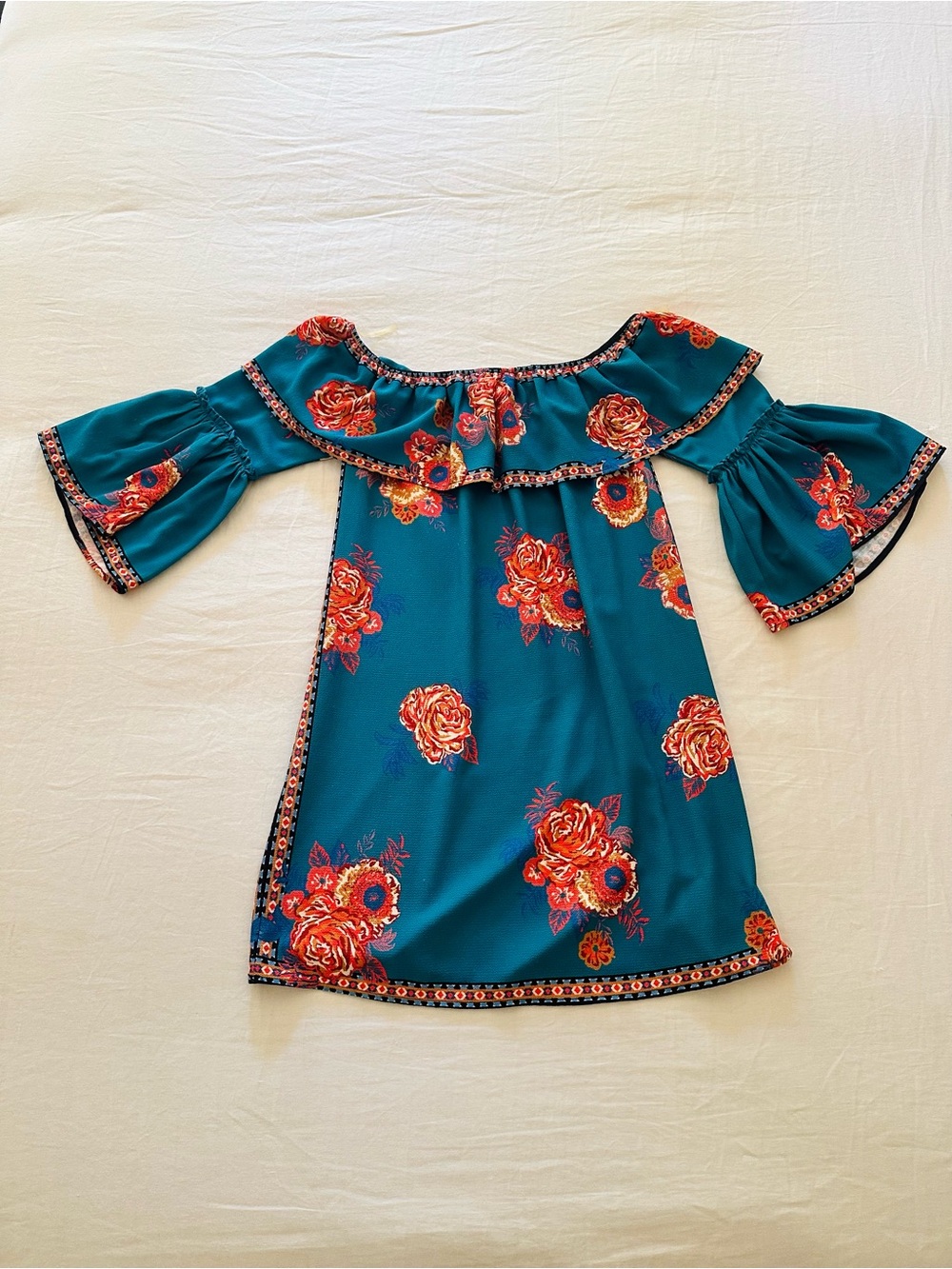 Flying Tomato Teal Ruffle Floral Rose Off The Shoulders Dress Size S Small